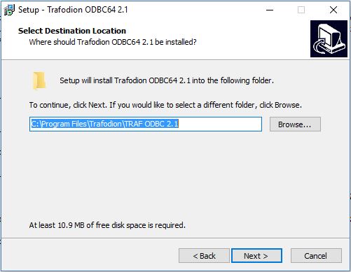 Windows ODBC Installer Destination Screen