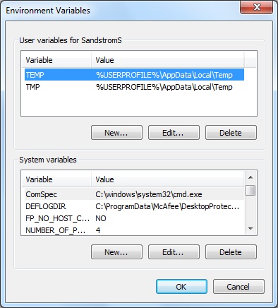 Environment Variables dialog box